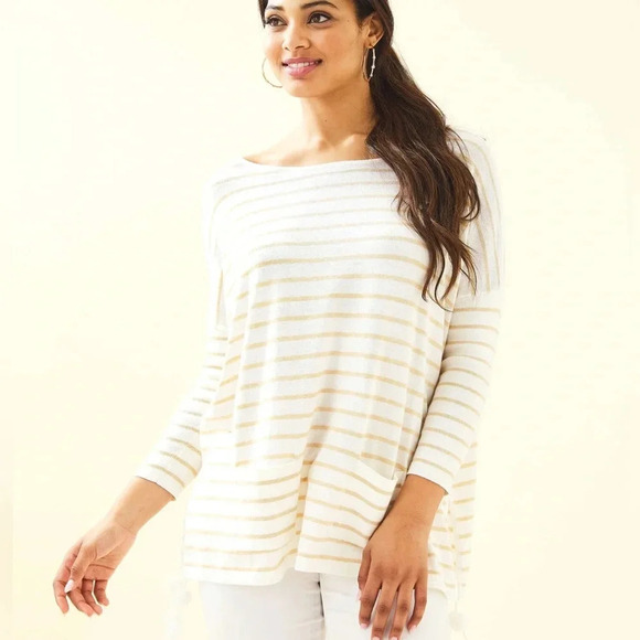 Lilly Pulitzer Striped Elba CoolMax Sweater Tassel Poncho Beige Heather Sz M - Picture 1 of 2